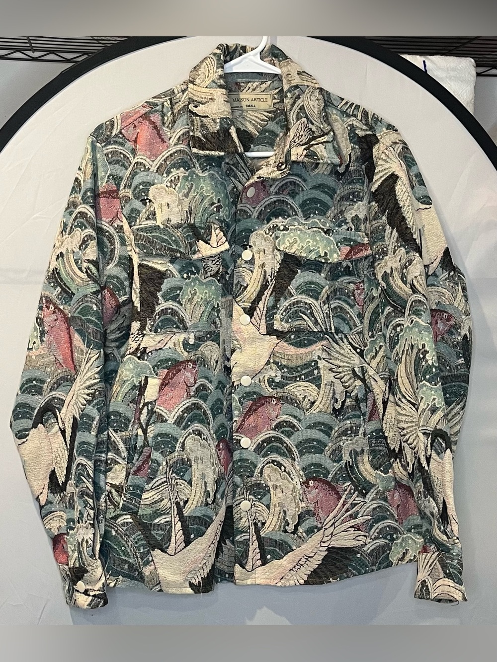 Mason Article Teal Multi Crane-Print Lightweight Shirt Jacket